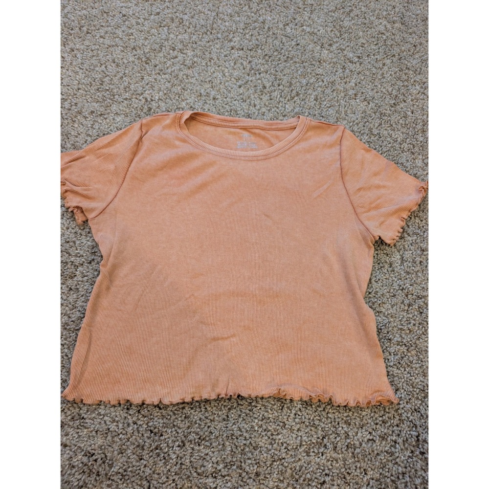 Aerie Peach Orange Ribbed Lettuce Trim Baby Tee Short Sleeve Crop Top Small